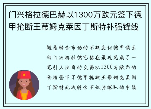 门兴格拉德巴赫以1300万欧元签下德甲抢断王蒂姆克莱因丁斯特补强锋线